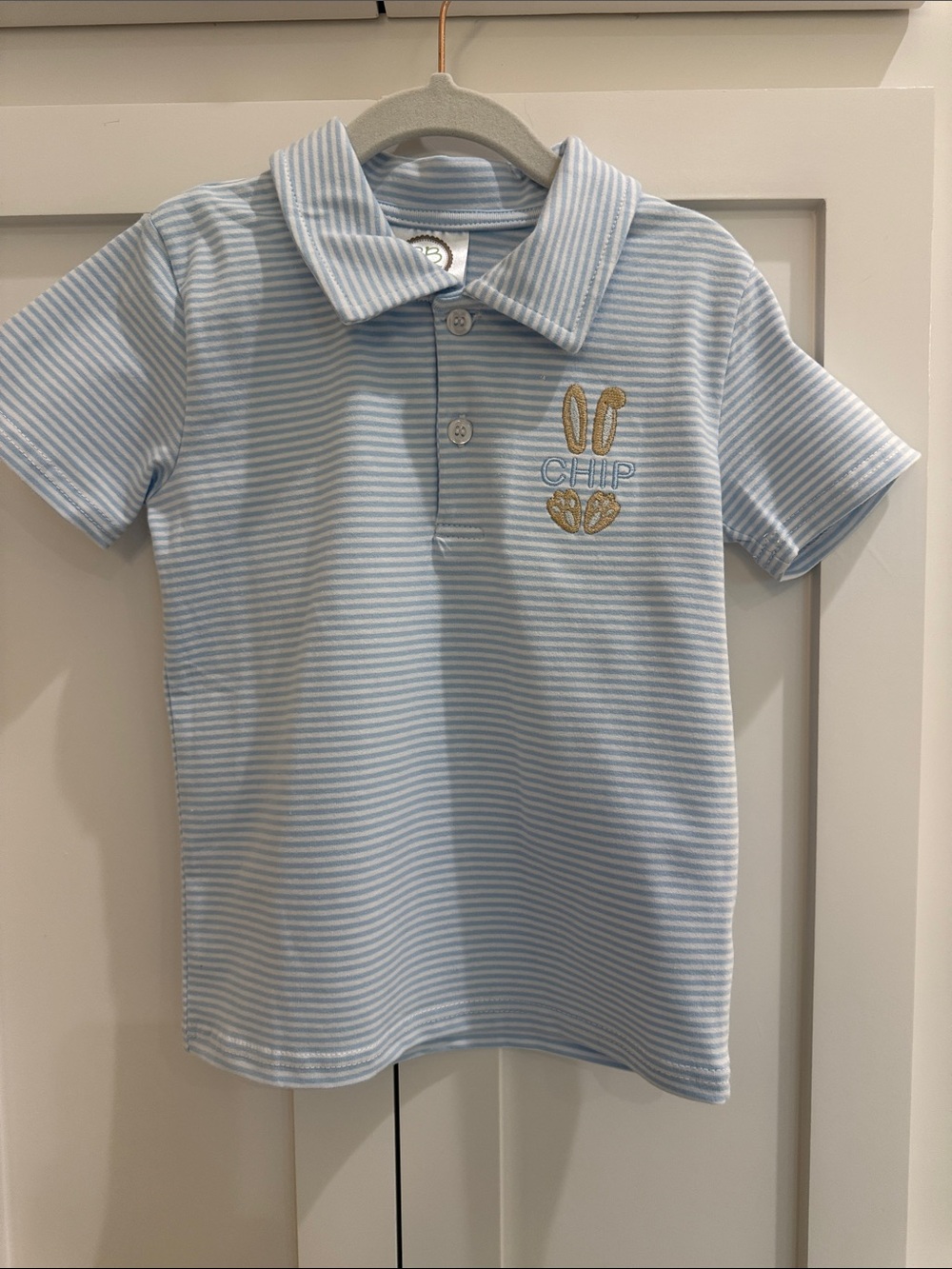 Blanke Boutique White/Baby Blue Stripe Polo with ‘Chip’ Bunny Monogram 3T